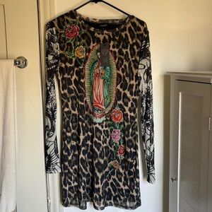 Authentic Y2K Ed Hardy Virgin Mary leopard print body con dress